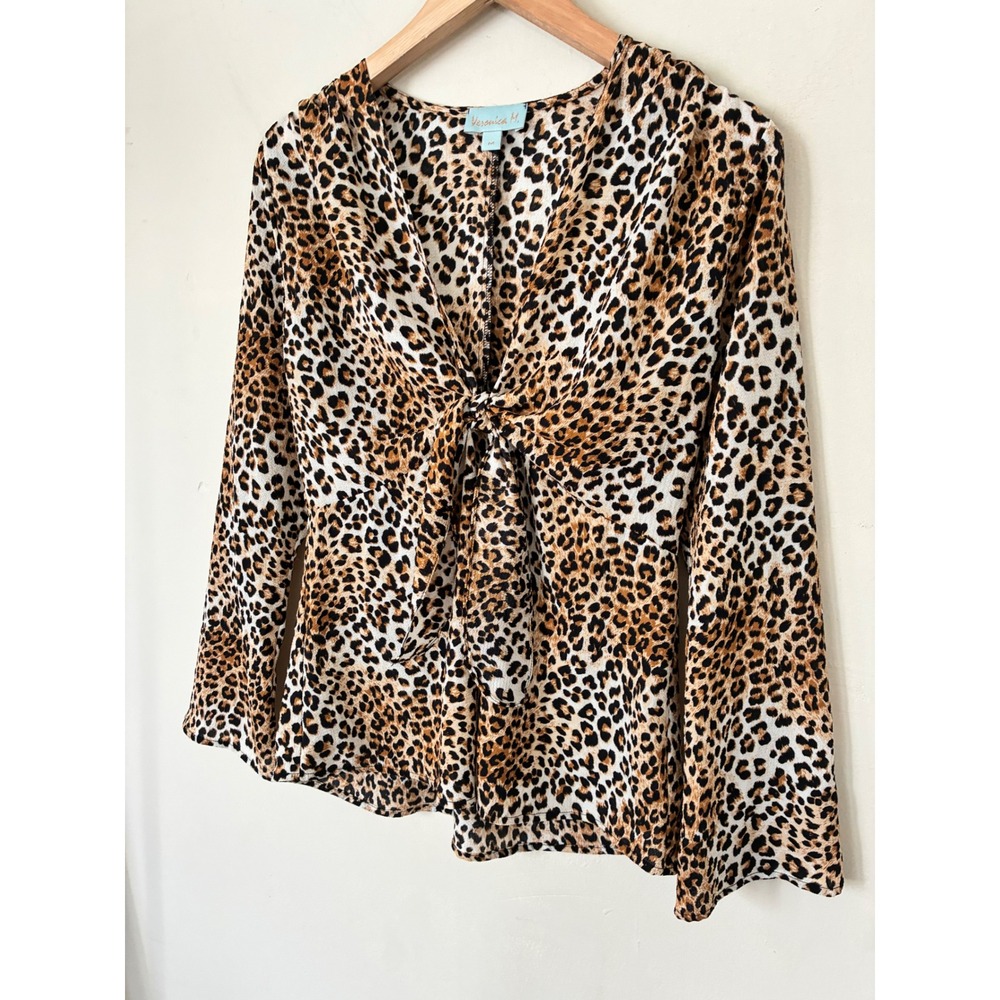 Veronica M Fall Babydoll Leopard Print V-Neck Tie Front Long Sleeve Top Brown M
